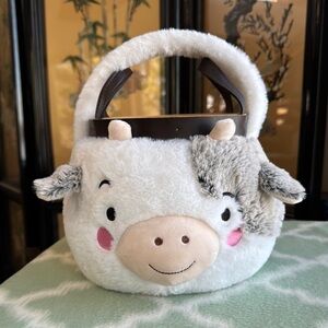 Plush Cow Easter or Halloween basket with inner wooden basket